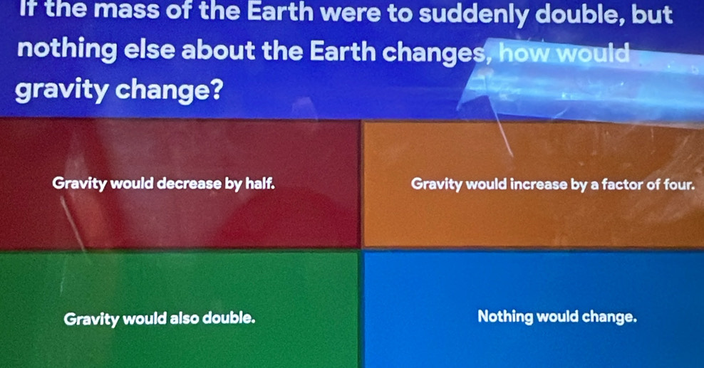 If the mass of the Earth were to suddenly double, but
nothing else about the Earth changes, how would
gravity change?
Gravity would decrease by half. Gravity would increase by a factor of four.
Gravity would also double. Nothing would change.