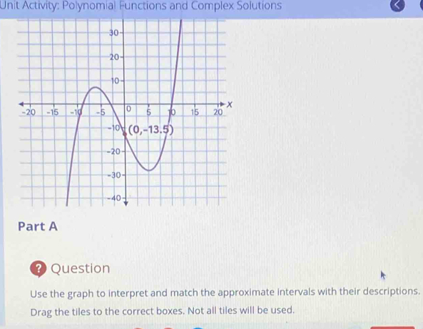 Unit Activity: Polynomial Functions and Complex Solutions
Part A
? Question
Use the graph to interpret and match the approximate intervals with their descriptions.
Drag the tiles to the correct boxes. Not all tiles will be used.