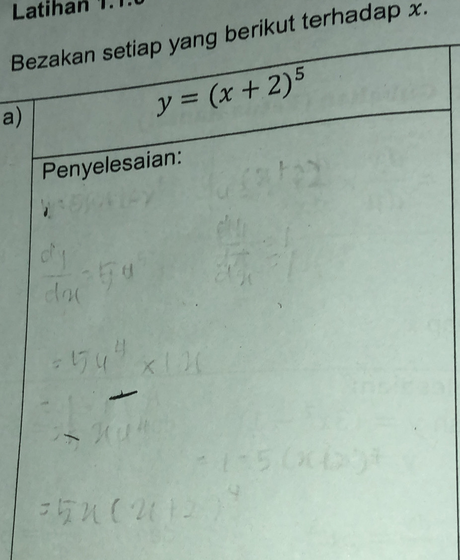 Latihan 1. 
Bezakan setiap yang berikut terhadap x. 
a)
y=(x+2)^5
Penyelesaian: