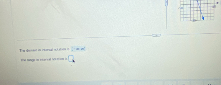 The domain in interval notation is (-∈fty ,∈fty )
The range in interval notation is □