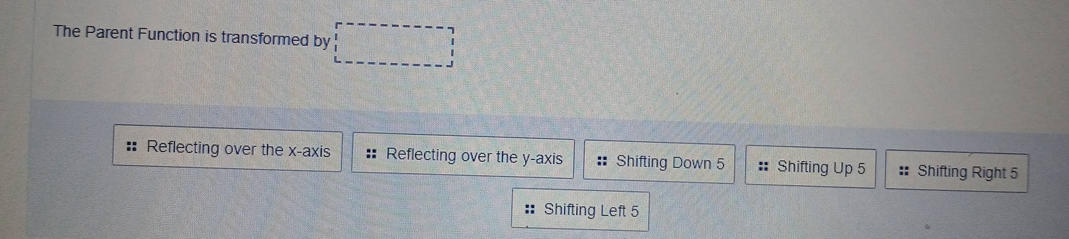 The Parent Function is transformed by
Reflecting over the x-axis Reflecting over the y-axis Shifting Down 5 Shifting Up 5 :: Shifting Right 5
Shifting Left 5