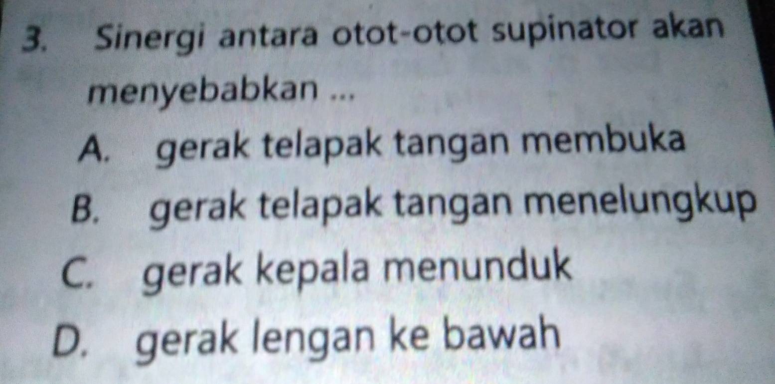 Sinergi antara otot-otot supinator akan
menyebabkan ...
A. gerak telapak tangan membuka
B. gerak telapak tangan menelungkup
C. gerak kepala menunduk
D. gerak lengan ke bawah