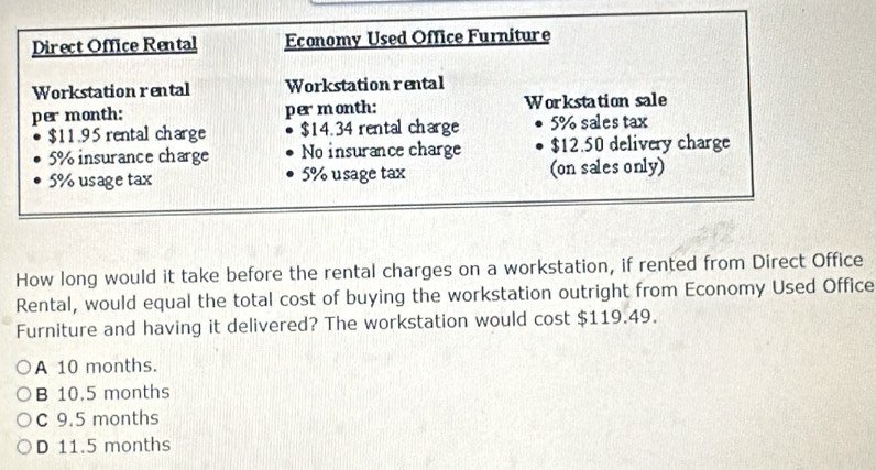 Direct Office Rental Economy Used Office Furniture
Workstation rental Workstation rental
per month: per month: Workstation sale
$11.95 rental charge $14.34 rental charge 5% sales tax
5% insurance charge No insurance charge $12.50 delivery charge
5% usage tax 5% usage tax (on sales only)
How long would it take before the rental charges on a workstation, if rented from Direct Office
Rental, would equal the total cost of buying the workstation outright from Economy Used Office
Furniture and having it delivered? The workstation would cost $119.49.
A 10 months.
B 10.5 months
C 9.5 months
D 11.5 months