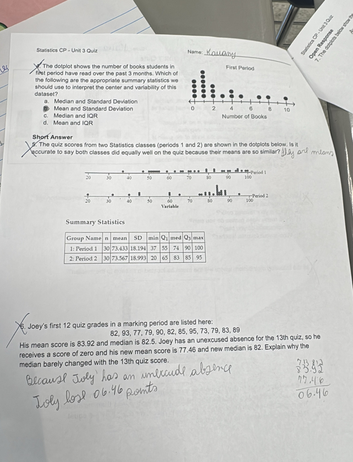 Statistics CP - Unit 3 Quiz
      
           
Name:_
The dotplot shows the number of books students in 
first period have read over the past 3 months. Which of
the following are the appropriate summary statistics we
should use to interpret the center and variability of this
dataset?
a. Median and Standard Deviation
Mean and Standard Deviation
c. Median and IQR
d. Mean and IQR
Short Answer
5. The quiz scores from two Statistics classes (periods 1 and 2) are shown in the dotplots below. Is it
accurate to say both classes did equally well on the quiz because their means are so similar?
Summary Statistics
6. Joey's first 12 quiz grades in a marking period are listed here:
82, 93, 77, 79, 90, 82, 85, 95, 73, 79, 83, 89
His mean score is 83.92 and median is 82.5. Joey has an unexcused absence for the 13th quiz, so he
receives a score of zero and his new mean score is 77.46 and new median is 82. Explain why the
median barely changed with the 13th quiz score.