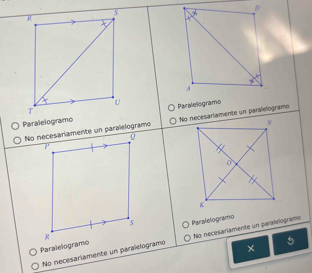 ParalelogramoParalelogramo
No necesariamente un paralelogramo
Paralelogramo
No necesariamente un paralelogramo No necesariamente un paralelogramo
Paralelogramo
5
×