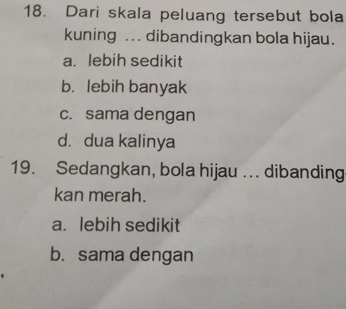 Dari skala peluang tersebut bola
kuning ... dibandingkan bola hijau.
a. lebih sedikit
b. lebih banyak
c. sama dengan
d. dua kalinya
19. Sedangkan, bola hijau ... dibanding
kan merah.
a. lebih sedikit
b. sama dengan