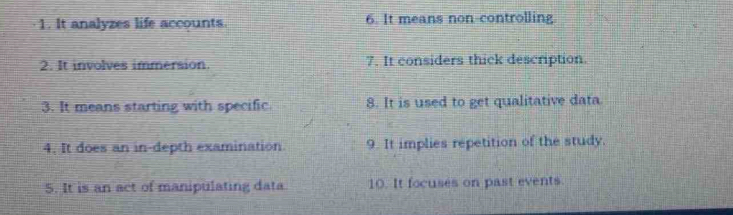 It analyzes life accounts. 6. It means non-controlling 
2. It involves immersion. 7. It considers thick description. 
3. It means starting with specific. 8. It is used to get qualitative data 
4. It does an in-depth examination 9. It implies repetition of the study. 
5. It is an act of manipulating data. 10. It focuses on past events.