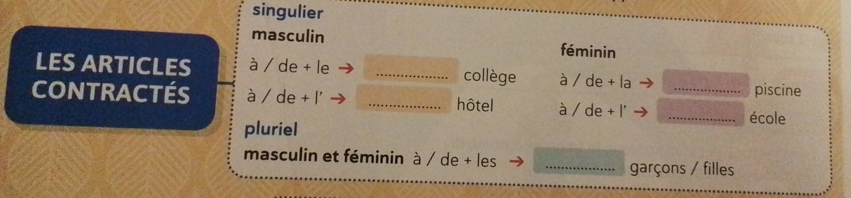 singulier 
masculin féminin 
LES ARTICLES à / de + le _collège à / de + la_ 
CONTRACTÉS à / de + l'_ 
piscine 
hôtel à / de + l' _école 
pluriel 
masculin et féminin à / de + les_ 
garçons / filles