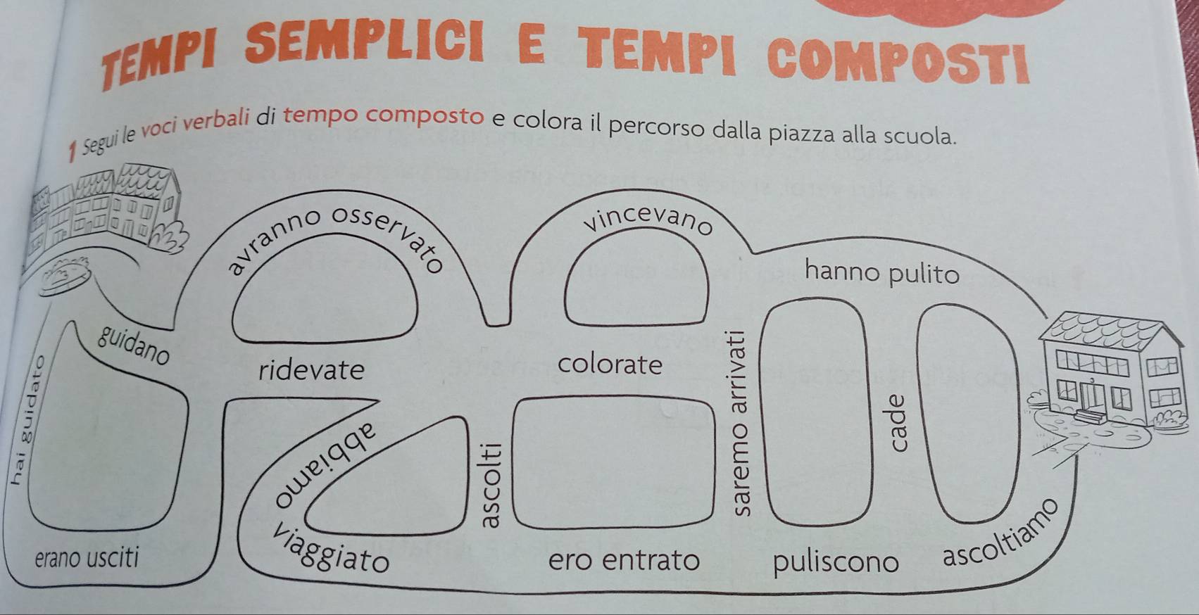 TEMPI SEMPLICI E TEMPI COMPOSTI 
1 Segui le voci verbali di tempo composto e colora il percorso dalla piazza alla scuola.