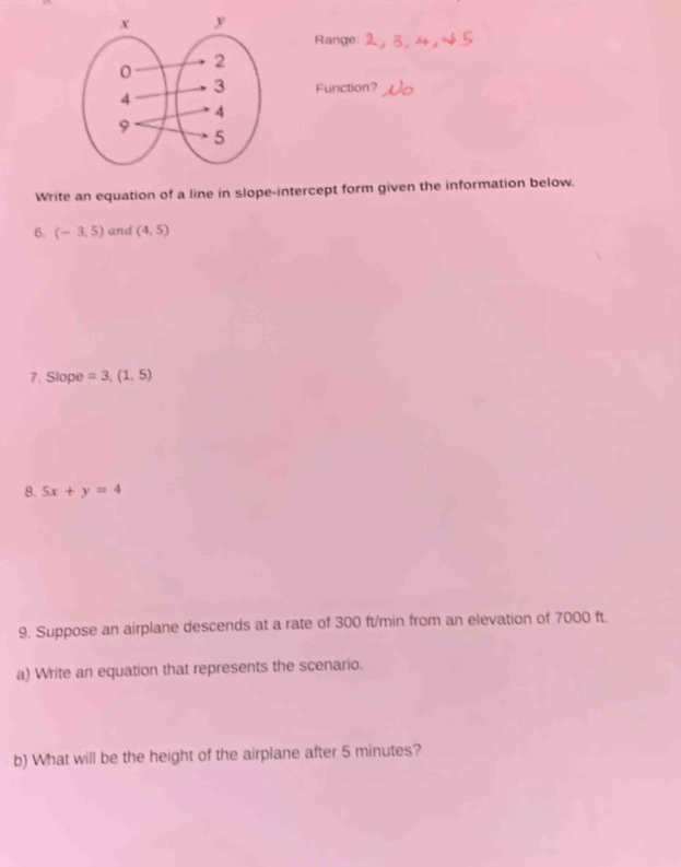 Range: 
Function? 
Write an equation of a line in slope-intercept form given the information below. 
6. (-3,5) and (4,5)
7. Slope =3,(1,5)
8. 5x+y=4
9. Suppose an airplane descends at a rate of 300 ft/min from an elevation of 7000 ft. 
a) Write an equation that represents the scenario. 
b) What will be the height of the airplane after 5 minutes?