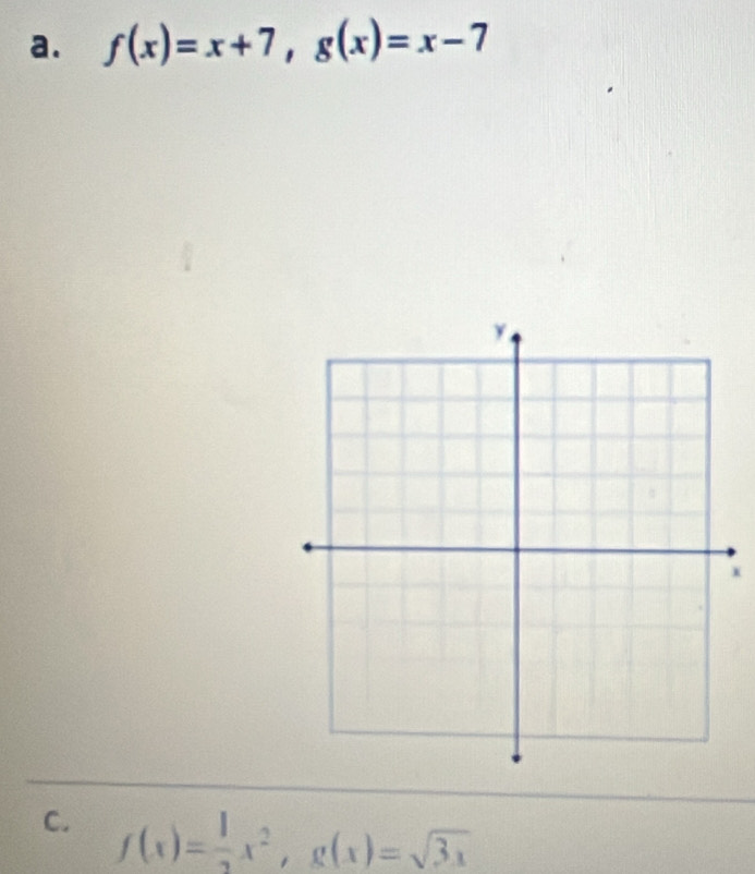 f(x)=x+7, g(x)=x-7
x
C. f(x)= 1/2 x^2, g(x)=sqrt(3x)