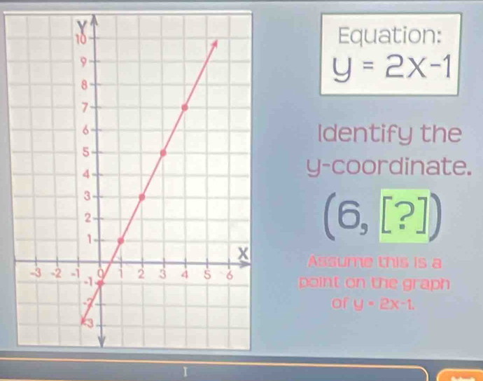 Equation:
y=2x-1
Identify the 
y-coordinate.
(6,[?])
Assume this is a 
point on the graph 
of y=2x-1.