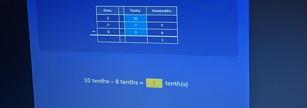 10 tenths - 8 tenths =□ tenth(s)