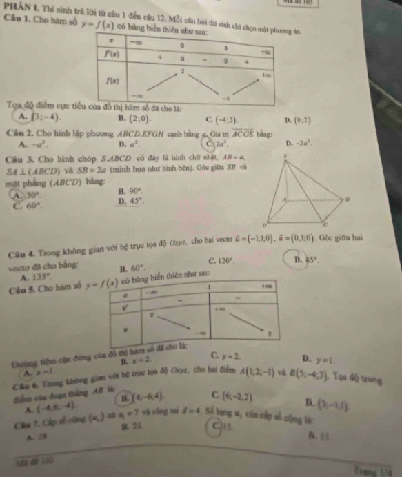 PHẢN I Thí sinh trã lời từ cầu 1 đến cầu 12. Mỗi câu hỏi thí sinh chi chọn .
Câu 1. Cho hàm số y=f(x) có băng bi
Tọa độ điểm cực t
A. (3;-4). B. (2;0). C. (-4;3). D. (0;2)
Câu 2. Cho hình lập phương ABCD.EFGH cạnh bằng g, Giá trị overline ACoverline GE bāng:
A. -a^2. B. a^2. C. 2a^2. D. -2a^2.
Cầu 3. Cho hình chóp S.ABCD có đáy là hình chữ nhật, AB=a,
SA⊥ (ABCD) và SB=2a (minh họa như hình bên). Góc giữa SB vã
một phẳng (ABCD) bằng:
A. 30°.
B. 90°.
D. 45°.
C. 60°.
Câu 4. Trong không gian với hệ trục tọa độ Oxyz, cho hai vecto vector u=(-1;1;0),vector u=(0;1;0). Góc giữa hai
vectơ đã cho bằng: B. 60°. C. 120°. D. 45°.
A. 135°.
Câu 5. Cho hàm số n thiên như sau:
Đường tiệm cận đứng của đồ thị h
B. x=2. C.
A. x=1. y=2
Cầu 6. Trung không gian với hệ trục tọa độ Oxyz, cho hai điểm D. y=1.
điểm của đoạn thắng AB là: A(1,2,-1) và B(5,-4;3) Tọa độ trung
A. (-4,6,-4). B. (4;-6,4). C. (6,-2,2).
D. (3,-1,1).
Câu 7. Cấp số cộng (u,) cô u_1=7 vā cōng sai d=4. Số bạng #, của cấp số cộng lác
B. 23. C. 15
A. 28
D. 
Ma de 103
Ting l/4