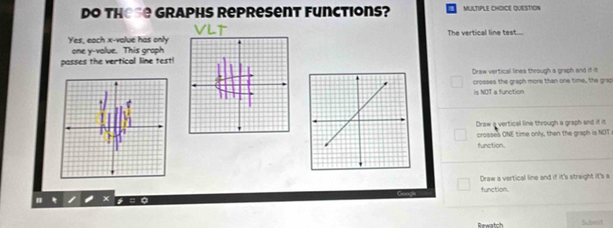 Do these Graphs Represent functions? MULTIPLE CHOICE QUESTION
The vertical line test...
Yes, each x -value has only
one y -value. This graph
passes the vertical line test!
Draw vertical lines through a graph and if it
crosses the graph more than one time, the grap
is NOT a function
Draw a vertical line through a graph and if it
crosses ONE time only, then the graph is NOT
function.
Draw a vertical line and if it's straight it's a
Gooy function.
Rewatch Submit