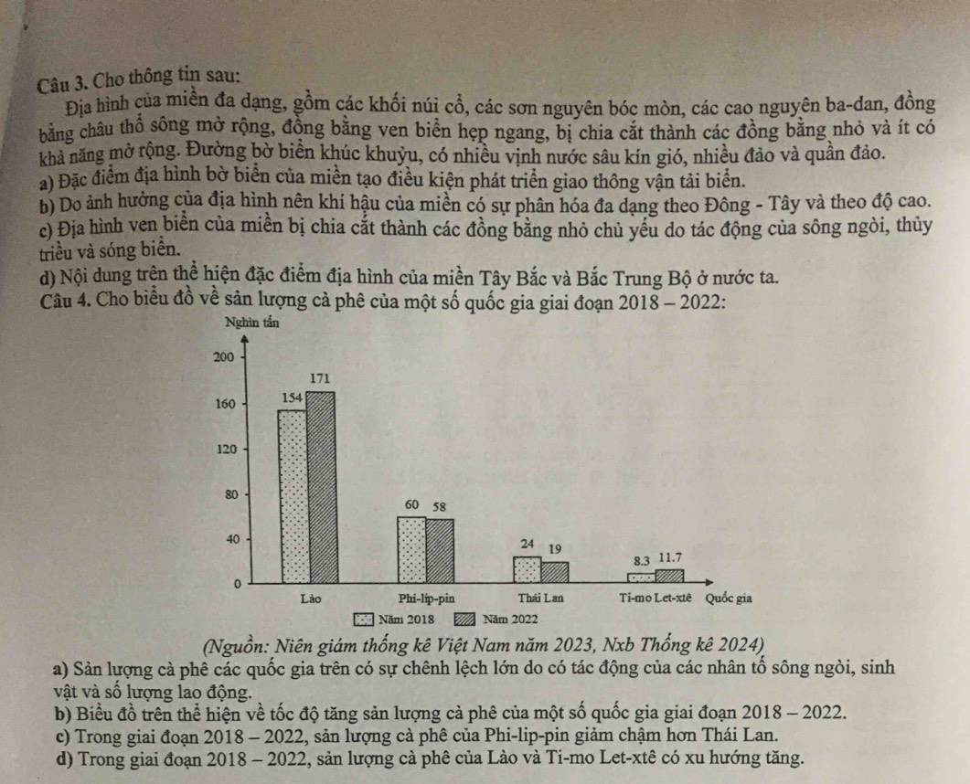 Cho thông tin sau:
Địa hình của miền đa dạng, gồm các khối núi cổ, các sơn nguyên bóc mòn, các cao nguyên ba-dan, đồng
bằng châu thổ sông mở rộng, đồng bằng ven biển hẹp ngang, bị chia cắt thành các đồng bằng nhỏ và ít có
khả năng mở rộng. Đường bờ biển khúc khuỳu, có nhiều vịnh nước sâu kín gió, nhiều đảo và quần đảo.
a) Đặc điểm địa hình bờ biển của miền tạo điều kiện phát triển giao thông vận tải biển.
b) Do ảnh hưởng của địa hình nên khí hậu của miền có sự phân hóa đa dạng theo Đông - Tây và theo độ cao.
c) Địa hình ven biển của miền bị chia cắt thành các đồng bằng nhỏ chủ yếu do tác động của sông ngòi, thủy
triều và sóng biển.
d) Nội dung trện thể hiện đặc điểm địa hình của miền Tây Bắc và Bắc Trung Bộ ở nước ta.
Câu 4. Cho biểu đồ về sản lượng cả phê của một số quốc gia giai đoạn 2018 - 2022:
(Nguồn: Niên giám thống kê Việt Nam năm 2023, Nxb Thổng kê 2024)
a) Sản lượng cà phê các quốc gia trên có sự chênh lệch lớn do có tác động của các nhân tổ sông ngòi, sinh
vật và số lượng lao động.
b) Biểu đồ trên thể hiện về tốc độ tăng sản lượng cả phê của một số quốc gia giai đoạn 2018 - 2022.
c) Trong giai đoạn 20 19 8 - 2022, sản lượng cà phê của Phi-lip-pin giảm chậm hơn Thái Lan.
d) Trong giai đoạn 2018 - 2022, sản lượng cà phê của Lào và Ti-mo Let-xtê có xu hướng tăng.