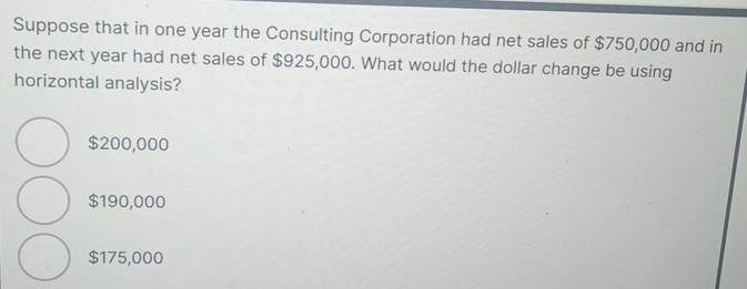 Suppose that in one year the Consulting Corporation had net sales of $750,000 and in
the next year had net sales of $925,000. What would the dollar change be using
horizontal analysis?
$200,000
$190,000
$175,000