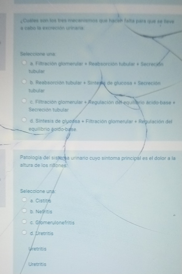 ¿Cuales son los tres mecanismos que haceh falta para que se lleve
a cabo la excreción urinaria.
Seleccione una
a. Filtración glomerular + Reabsorción tubular + Secreción
tubular
b. Reabsorción tubular + Sintesis de glucosa + Secreción
tubular
c. Filtración glomerular + Regulación del equilibrio ácido-base +
Secreción tubular
d. Sintesis de glucosa + Filtración glomerular + Regulación del
équilíbrio écido-base.
Patología del sistema urinario cuyo síntoma principal es el dolor a la
altura de los riñones:
Seleccione uná:
a. Cistitis
b. Nefritis
c. Glomerulonefritis
d. Uretritis
Uretritis
Uretritis