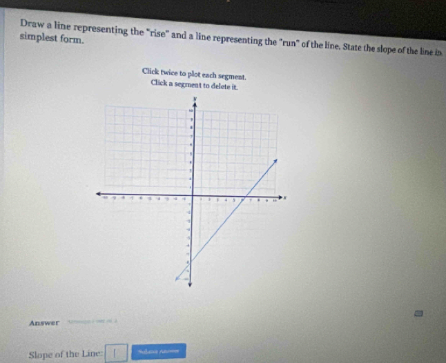 simplest form. 
Draw a line representing the "rise" and a line representing the "run" of the line. State the slope of the line in 
Click twice to plot each segment. 
Click a segment to delete it. 
Answer 
Slope of the Line: Salunis An=