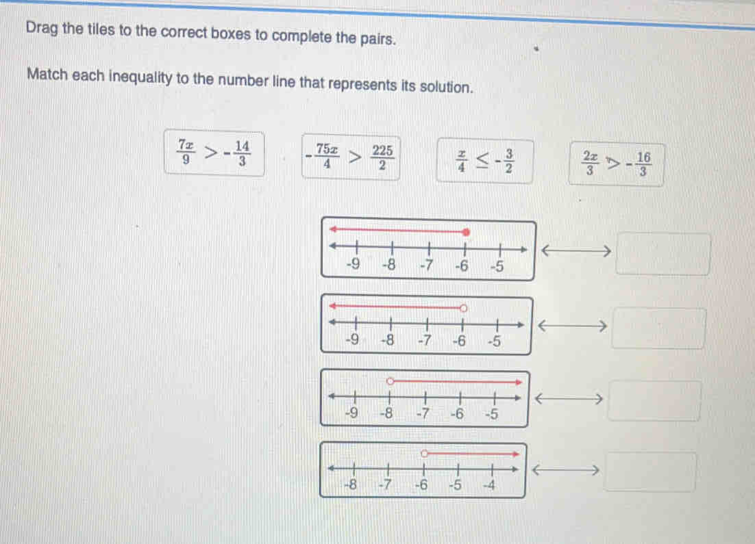 Drag the tiles to the correct boxes to complete the pairs.
Match each inequality to the number line that represents its solution.
 7x/9 >- 14/3  - 75x/4 > 225/2   x/4 ≤ - 3/2   2x/3 >- 16/3 
□
□
□
□