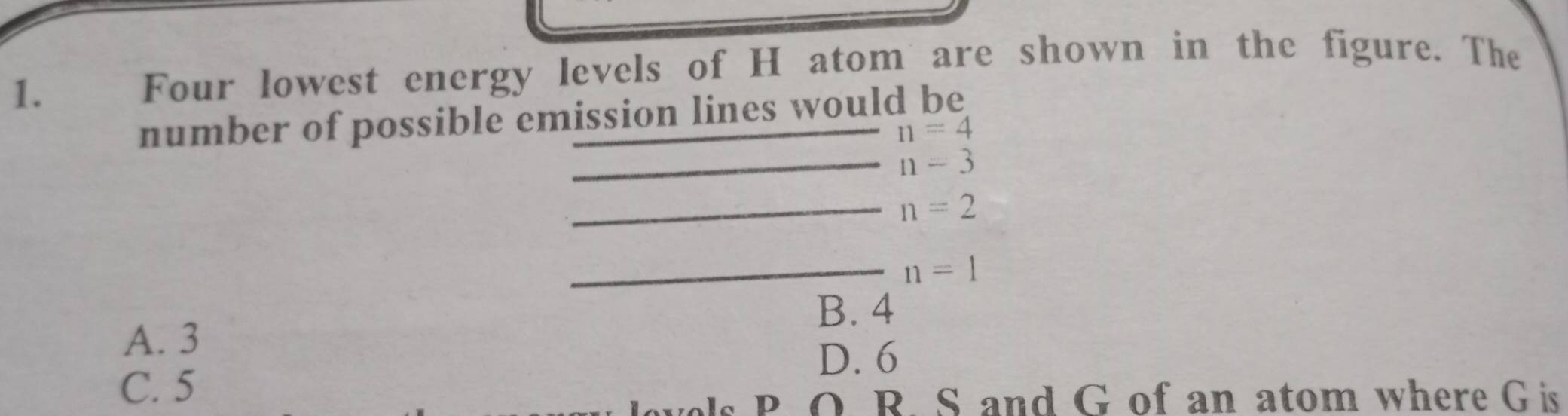 Four lowest energy levels of H atom are shown in the figure. The
number of possible emission lines would be
n=4
_ n=3
_ n=2
_ n=1
B. 4
A. 3
D. 6
C. 5
P O R. S and G of an atom where G is