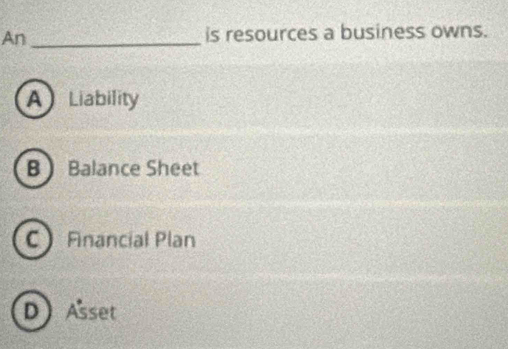 An_
is resources a business owns.
A Liability
B Balance Sheet
C Financial Plan
DAsset