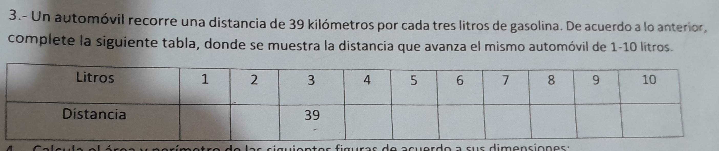 3.- Un automóvil recorre una distancia de 39 kilómetros por cada tres litros de gasolina. De acuerdo a lo anterior, 
complete la siguiente tabla, donde se muestra la distancia que avanza el mismo automóvil de 1-10 litros. 
a u ras de acuerdo a sus dimension es :