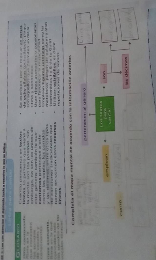 l: Dee con atención el siguiente texto y respeive lo que se indica: 
E é péc o c ti C o e 
Glosario Cuando pensamos en textos Se escriben, por lo regulár, en versos 
rima consonante. líricos, lo primero que viene a de ocho sílabas (octosílabos), porque 
Éima en la la mente son los poemas. Sin son aquellos que permiten un mejor 
qus coínciden 
las sordos embargo, no son los únicos de ritmo y sonoridad 
de vocales este género: también lo que Usan rimas asonantes o consonantes 
consonantes cantamos pertenece à este para favorecer la musicalidad 
como las coplas, los corridos Emplean figuras retóricas como las 
rima asonante. y las décimas, entre otros tipos metáforas, juegos de palabras y otras 
Rêma en la que 
coínciden solo d e a nciones tradicionales qu e (contenidos 1 y 6 de tu Guía). 
los sonidos de las tienen en común estos recursos Utilizan estribillos, es decír 
vocales tónicas líricos repéticiones de vérsos 
Completa el mapa mental de acuerdo con la información anterior. 
pertenecen al género 
Los textos 
emplean... para son , 
cantar 
como 
las décimas