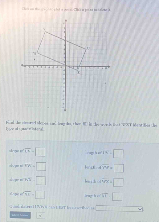 Click on the graph to plot a point. Click a point to delete it.
Find the desired slopes and lengths, then fill in the words that BEST identifies the
type of quadrilateral.
slope of overline UV=□ length of overline UV=□
slope of overline VW=□ length of overline VW=□
slope of overline WX=□ length of overline WX=□
slope of overline XU=□ length of overline XU=□
Quadrilateral UVWX can BEST be described as □ 
Suberet Aueee