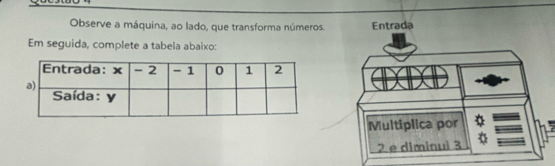 Observe a máquina, ao lado, que transforma números. 
Em seguida, complete a tabela abaixo: