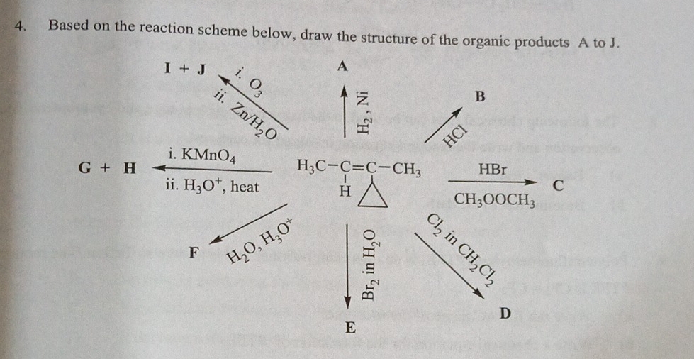 Based on the reaction scheme below, draw the structure of the organic products A to J.
I+J i
A
·  O/3 
ii. overline Zn/H_2O
B
HCl
i. KMnO_4 H_3C-C=C-CH_3
G+H HBr
ii. H_3O^+ , heat H
C
CH_3OOCH_3
F H_2O, H_3O^+
Cl_2inCH_2Cl_2
D
E