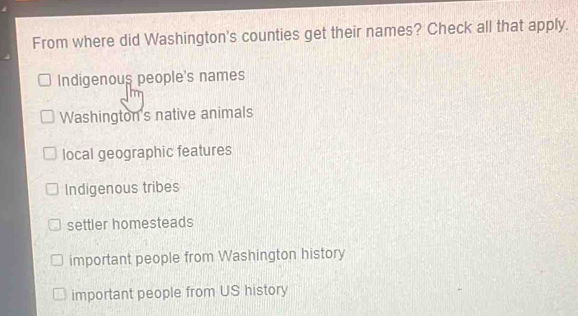 From where did Washington's counties get their names? Check all that apply.
Indigenous people's names
Washington's native animals
local geographic features
Indigenous tribes
settler homesteads
important people from Washington history
important people from US history