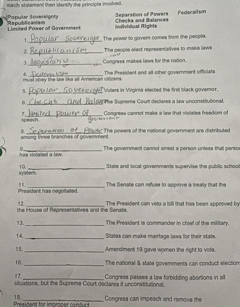 each statement then identify the principle involved.
Popular Sovereignty Separation of Powers Federalism
Republicanism Checks and Balances
Limited Power of Government Individual Rights
1._ The power to govern comes from the people.
2. _The people elect representatives to make laws
3._ Congress makes laws for the nation.
4. _The President and all other government officials
must obey the law like all American citizens.
5._ Voters in Virginia elected the first black goveror.
6._ The Supreme Court declares a law unconstitutional.
7_ Congress cannot make a law that violates freedom of
speech.
8. _The powers of the national government are distributed
among three branches of government.
9_ The government cannot arrest a person unless that persor
has violated a law.
10. _State and local govemments supervise the public school
system,
11._ The Senate can refuse to approve a treaty that the
President has negotiated.
12. _The President can veto a bill that has been approved by
the House of Representatives and the Senate.
13. _The President is commander in chief of the military.
14. _States can make marriage laws for their state.
15. _Amendment 19 gave women the right to vote.
16. _The national & state governments can conduct election
17. _Congress passes a law forbidding abortions in all
situations, but the Supreme Court declares it unconstitutional.
18. _Congress can impeach and remove the
President for improper conduct.