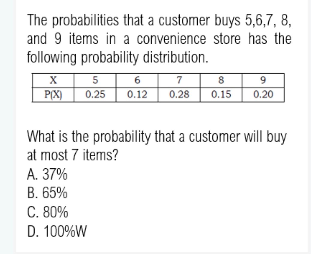 The probabilities that a customer buys 5,6,7, 8,
and 9 items in a convenience store has the
following probability distribution.
What is the probability that a customer will buy
at most 7 items?
A. 37%
B. 65%
C. 80%
D. 100%W