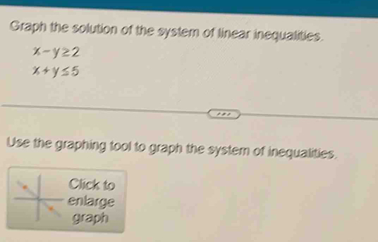 Graph the solution of the system of linear inequalities.
x-y≥ 2
x+y≤ 5
Use the graphing tool to graph the system of inequalities.
Click to
enlarge
graph