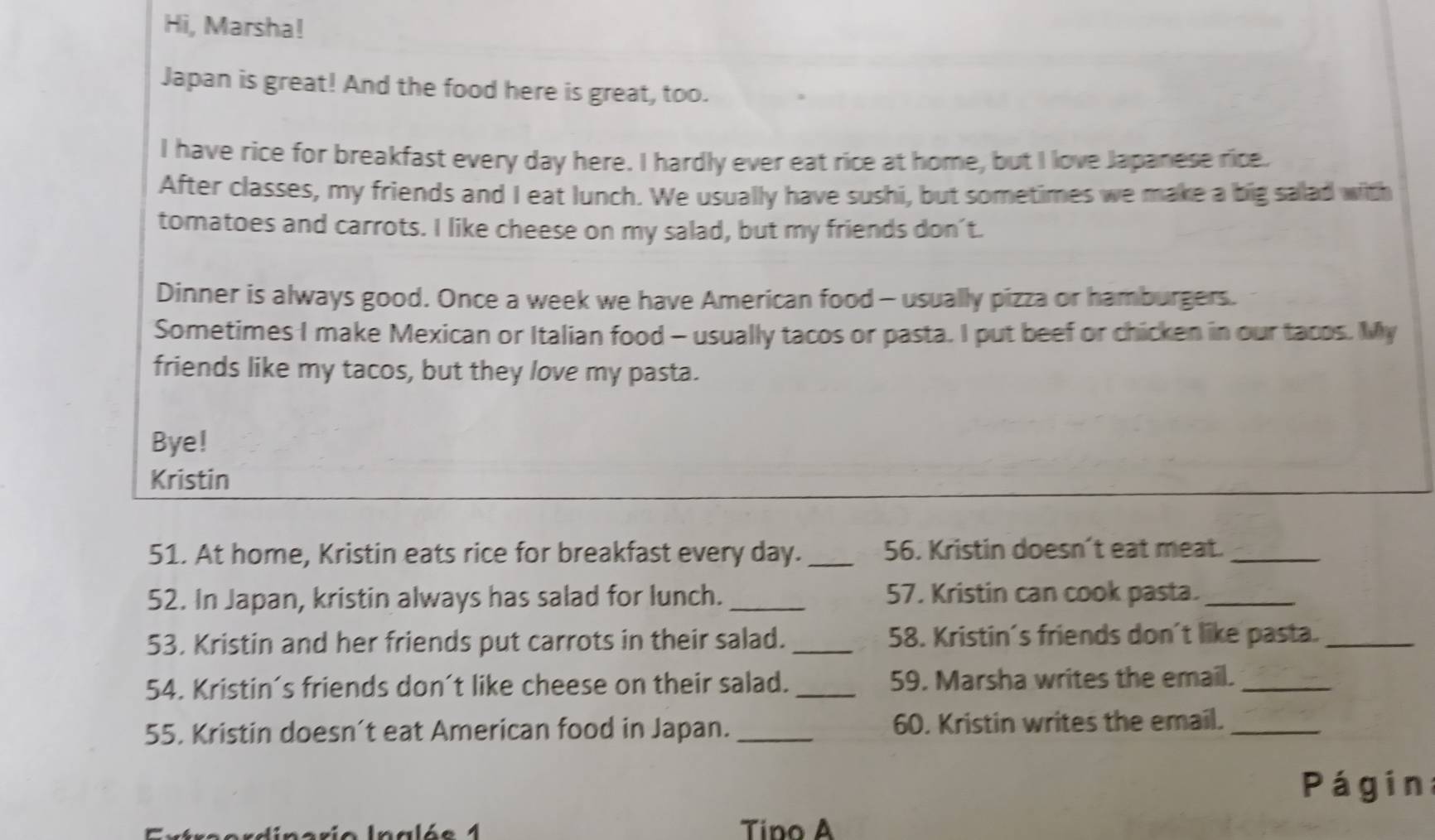 Hi, Marsha! 
Japan is great! And the food here is great, too. 
I have rice for breakfast every day here. I hardly ever eat rice at home, but I love Japanese rice. 
After classes, my friends and I eat lunch. We usually have sushi, but sometimes we make a big salad with 
tomatoes and carrots. I like cheese on my salad, but my friends don't. 
Dinner is always good. Once a week we have American food - usually pizza or hamburgers. 
Sometimes I make Mexican or Italian food - usually tacos or pasta. I put beef or chicken in our tacos. My 
friends like my tacos, but they love my pasta. 
Bye! 
Kristin 
51. At home, Kristin eats rice for breakfast every day._ 56. Kristin doesn't eat meat._ 
52. In Japan, kristin always has salad for lunch. _57. Kristin can cook pasta._ 
53. Kristin and her friends put carrots in their salad._ 58. Kristin's friends don't like pasta._ 
54. Kristin's friends don't like cheese on their salad. _59. Marsha writes the email._ 
55. Kristin doesn’t eat American food in Japan. _60. Kristin writes the email._ 
Págin 
nalée 1 Tino A