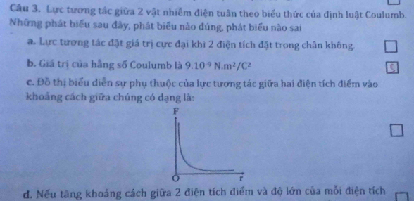 Lực tương tác giữa 2 vật nhiễm điện tuân theo biểu thức của định luật Coulumb. 
Những phát biểu sau đây, phát biểu nào đúng, phát biểu nào sai 
a. Lực tương tác đặt giá trị cực đại khi 2 điện tích đặt trong chân không. 
b. Giá trị của hằng số Coulumb là 9.10^(-9)N· m^2/C^2
c. Đồ thị biểu diễn sự phụ thuộc của lực tương tác giữa hai điện tích điểm vào 
khoảng cách giữa chúng có dạng là: 
d. Nếu tăng khoảng cách giữa 2 điện tích diểm và độ lớn của mỗi điện tích