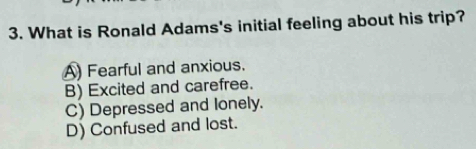 What is Ronald Adams's initial feeling about his trip?
A) Fearful and anxious.
B) Excited and carefree.
C) Depressed and lonely.
D) Confused and lost.