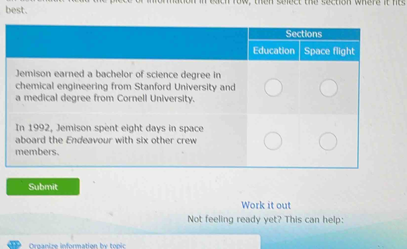 eath row, then select the section where it nts 
best. 
Submit 
Work it out 
Not feeling ready yet? This can help: 
Organize information by topic