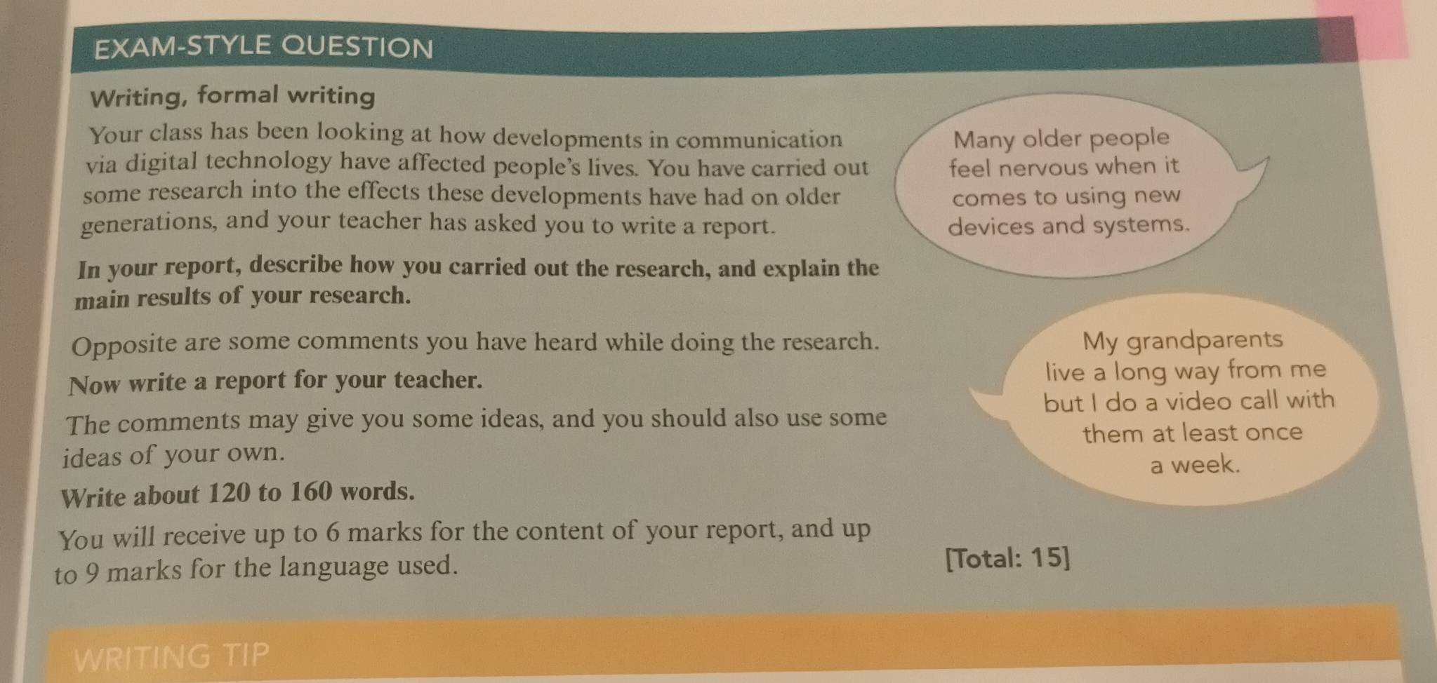 EXAM-STYLE QUESTION 
Writing, formal writing 
Your class has been looking at how developments in communication Many older people 
via digital technology have affected people’s lives. You have carried out feel nervous when it 
some research into the effects these developments have had on older comes to using new 
generations, and your teacher has asked you to write a report. devices and systems. 
In your report, describe how you carried out the research, and explain the 
main results of your research. 
Opposite are some comments you have heard while doing the research. My grandparents 
Now write a report for your teacher. live a long way from me 
but I do a video call with 
The comments may give you some ideas, and you should also use some 
them at least once 
ideas of your own. 
a week. 
Write about 120 to 160 words. 
You will receive up to 6 marks for the content of your report, and up 
to 9 marks for the language used. [Total: 15] 
WRITING TIP