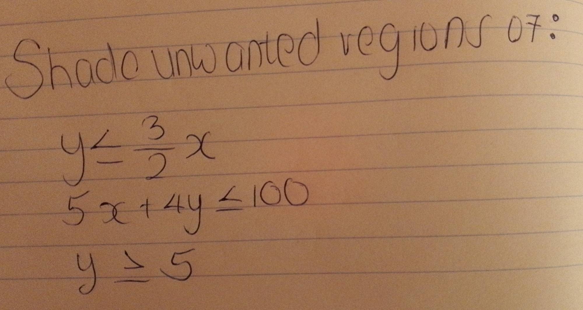 Shadc unanted regions of:
y≤  3/2 x
5x+4y≤ 100
y≥ 5