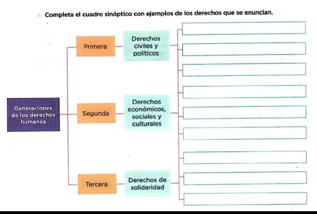 Completa el cuadro sinóptico con ejemplos de los derechos que se enuncian.