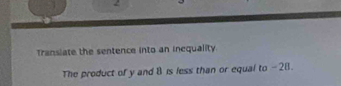 Transiate the sentence into an inequality 
The product of y and 8 is less than or equal to -28.