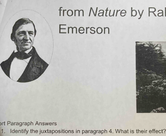 from Nature by Ral 
Emerson 
ort Paragraph Answers 
1. Identify the juxtapositions in paragraph 4. What is their effect?