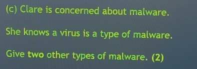 Clare is concerned about malware. 
She knows a virus is a type of malware. 
Give two other types of malware. (2)