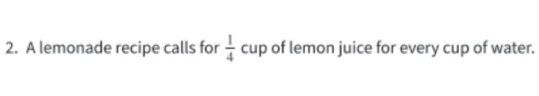 A lemonade recipe calls for  1/4  cup of lemon juice for every cup of water.