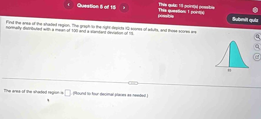 This quiz: 15 point(s) possible 
Question 5 of 15 ) This question: 1 point(s) 
possible Submit quiz 
Find the area of the shaded region. The graph to the right depicts IQ scores of adults, and those scores are 
normally distributed with a mean of 100 and a standard deviation of 15. 
The area of the shaded region is □ , (Round to four decimal places as needed.)