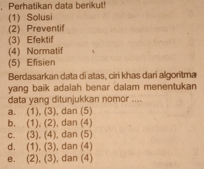 Perhatikan data berikut!
(1) Solusi
(2) Preventif
(3) Efektif
(4) Normatif
(5) Efisien
Berdasarkan data di atas, ciri khas dari algoritma
yang baik adalah benar dalam menentukan
data yang ditunjukkan nomor ....
a. (1),(3) , dan (5)
b. (1),(2) , dan (4)
C. (3),(4) dan (5)
d. (1),(3) , dan (4)
e. (2),(3) , dan (4)