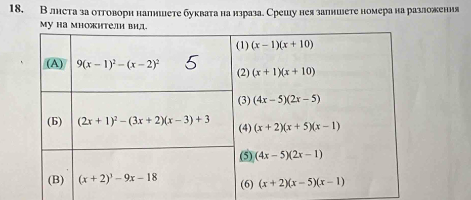 В лнста за отговори напишете буквата наизраза. Срешу нея залишете номера на разложения
Mу на множители .