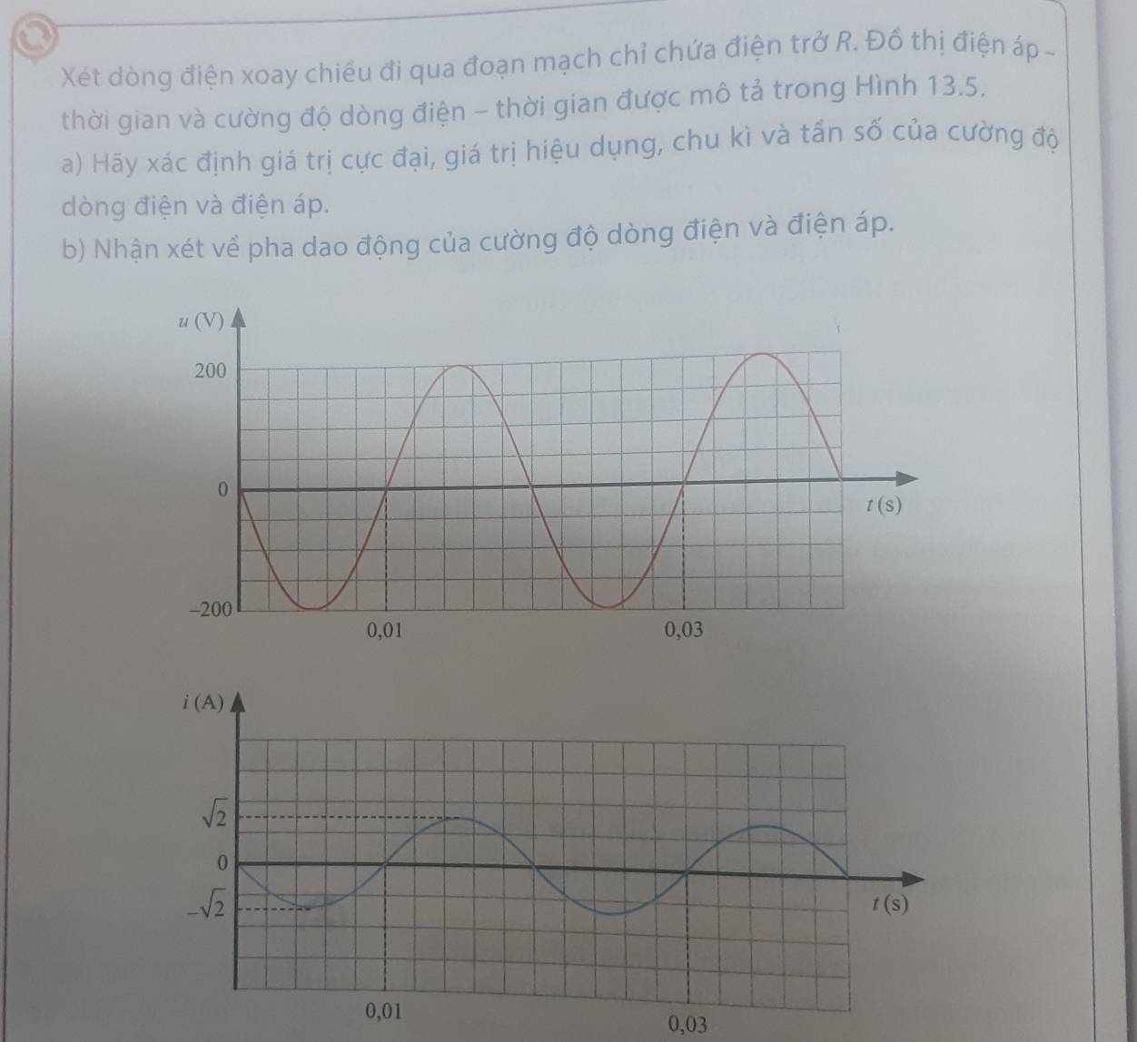 Xét dòng điện xoay chiều đi qua đoạn mạch chỉ chứa điện trở R. Đồ thị điện áp -
thời gian và cường độ dòng điện - thời gian được mô tả trong Hình 13,5,
a) Hãy xác định giá trị cực đại, giá trị hiệu dụng, chu kì và tấn số của cường độ
dòng điện và điện áp.
b) Nhận xét về pha dao động của cường độ dòng điện và điện áp.
0,03